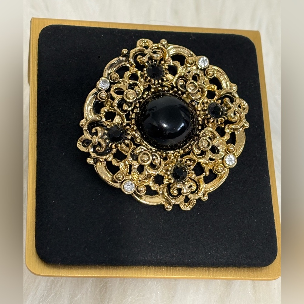 Source Unknown Ornate Gold and Black Brooch